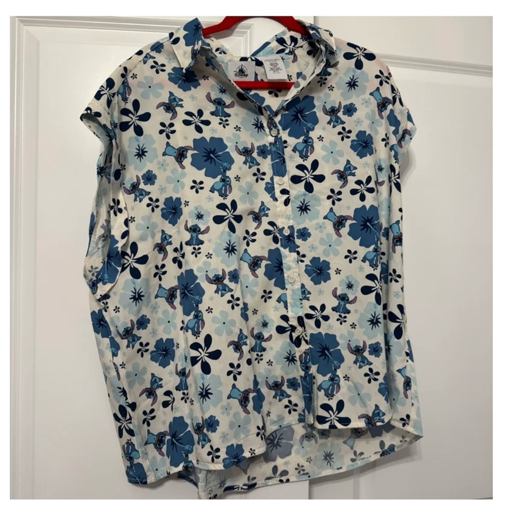 Disney Blue and White Stitch Hawaiian Floral Shirt